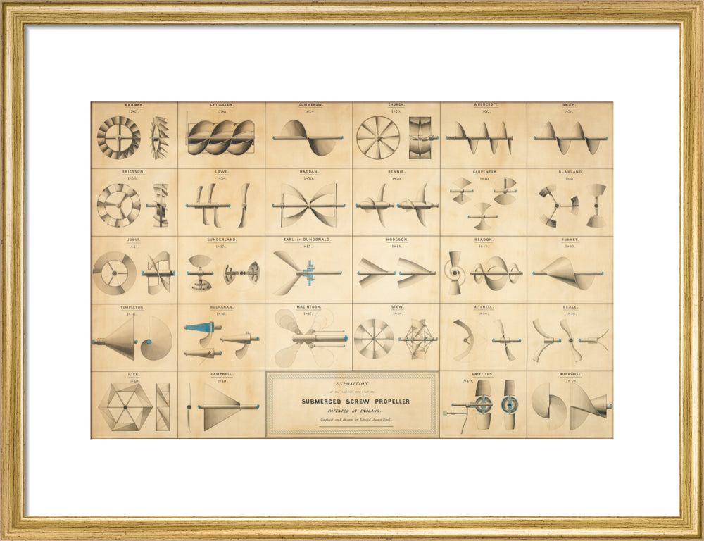 Twenty eight drawings of screw propellers, drawn by Edward J. Powell art print medium gold Art Print - Science Museum Shop