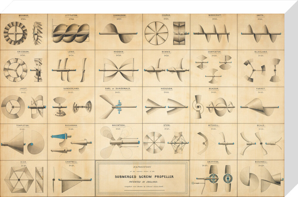Twenty eight drawings of screw propellers, drawn by Edward J. Powell stretched canvas medium none Art Print - Science Museum Shop