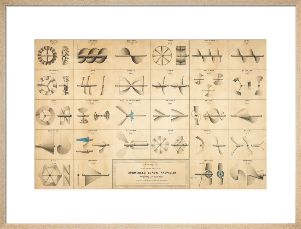 Twenty eight drawings of screw propellers, drawn by Edward J. Powell art print large natural Art Print - Science Museum Shop