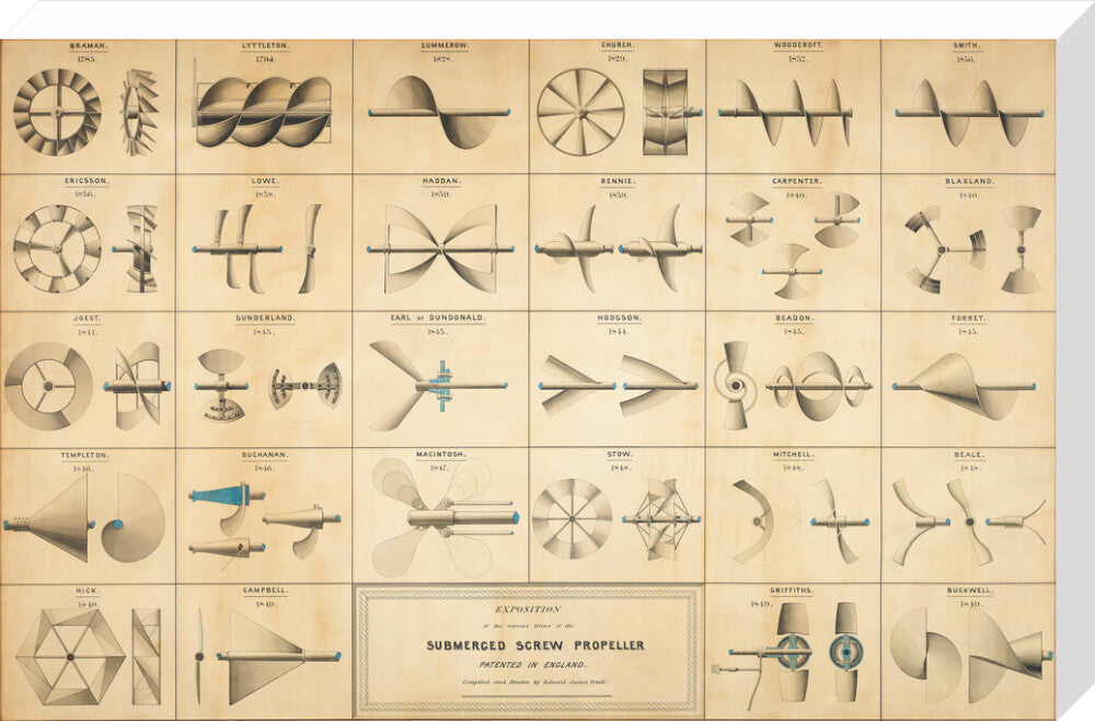Twenty eight drawings of screw propellers, drawn by Edward J. Powell stretched canvas large none Art Print - Science Museum Shop