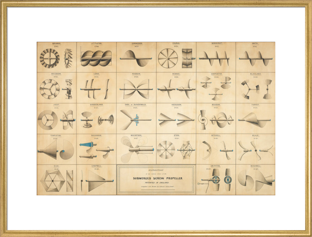 Twenty eight drawings of screw propellers, drawn by Edward J. Powell art print extra large gold Art Print - Science Museum Shop