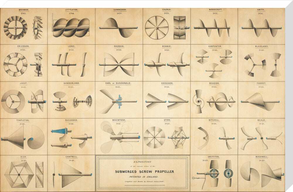 Twenty eight drawings of screw propellers, drawn by Edward J. Powell stretched canvas extra large none Art Print - Science Museum Shop
