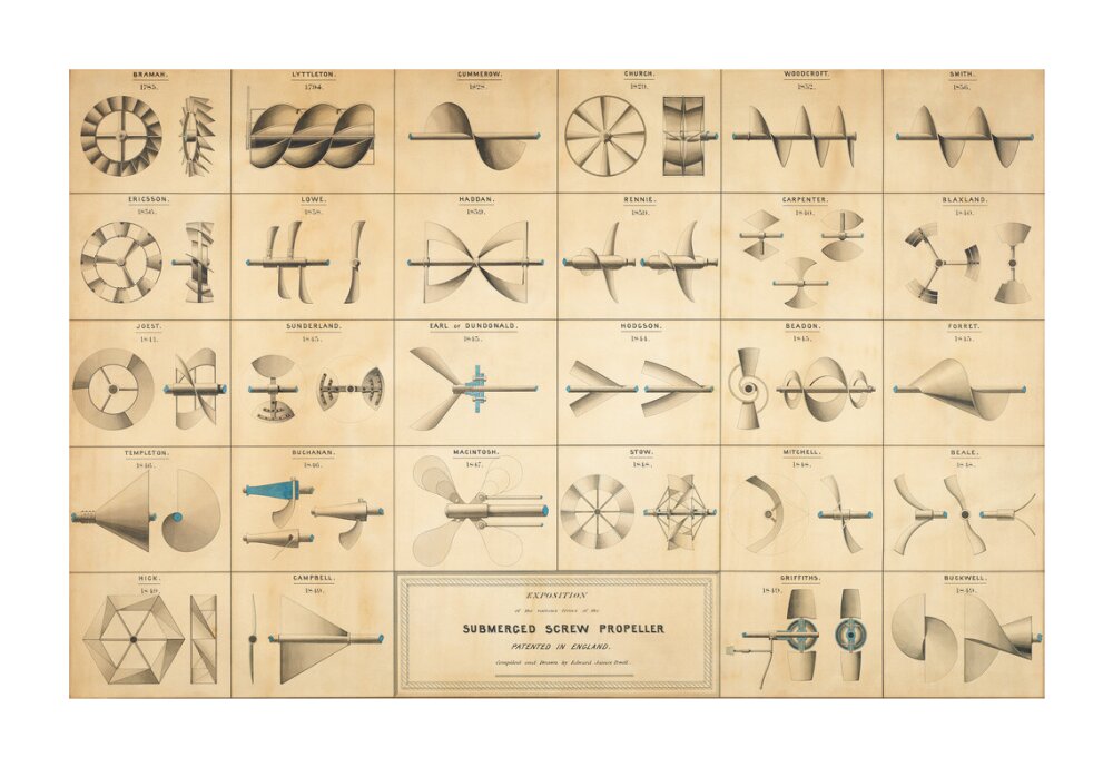 Twenty eight drawings of screw propellers, drawn by Edward J. Powell unstretched canvas extra large none Art Print - Science Museum Shop