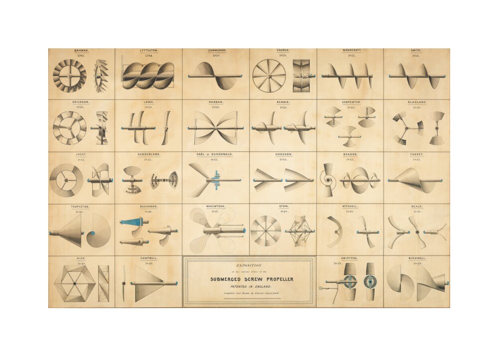 Twenty eight drawings of screw propellers, drawn by Edward J. Powell unstretched canvas medium none Art Print - Science Museum Shop