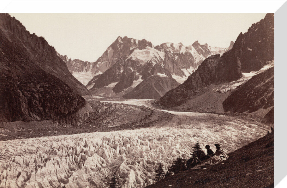 Walkers resting beside a glacier, French Alps, c 1870s. stretched canvas medium none Art Print - Science Museum Shop
