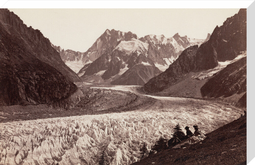 Walkers resting beside a glacier, French Alps, c 1870s. stretched canvas large none Art Print - Science Museum Shop