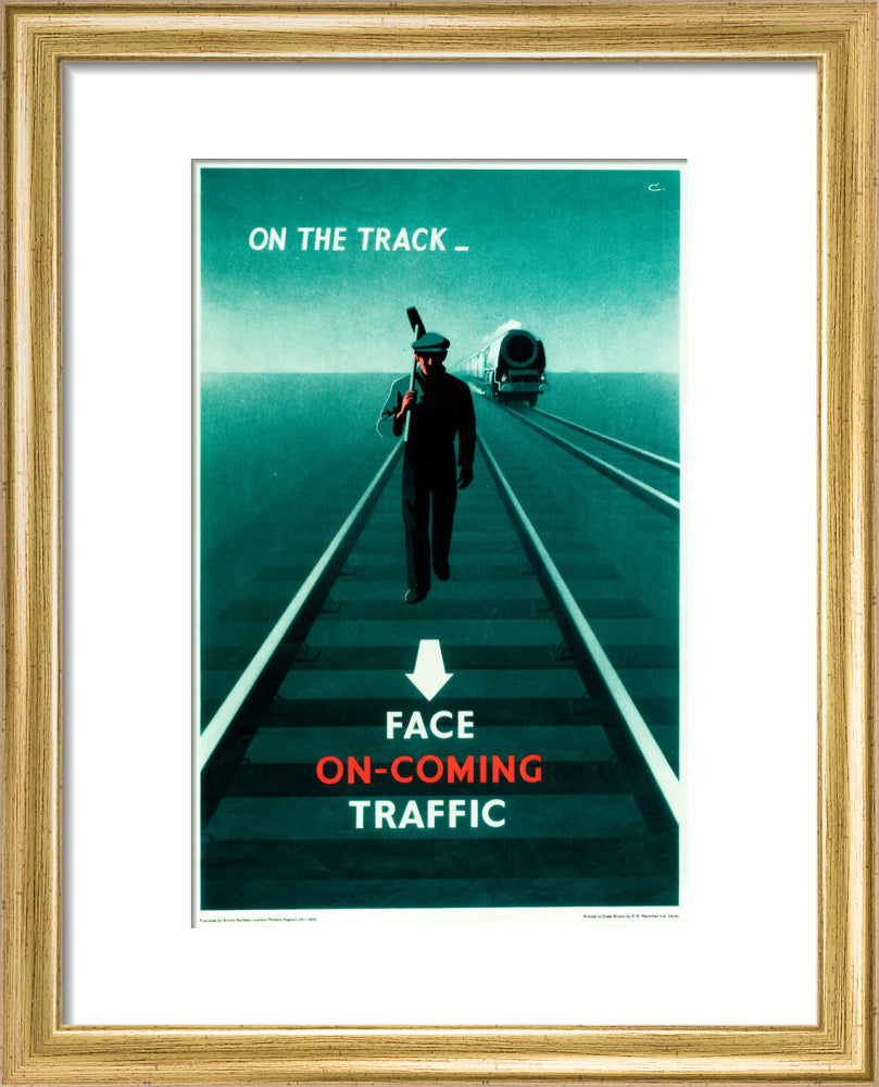 Safety poster - Face on-coming traffic, 1960. art print extra small gold Art Print - Science Museum Shop