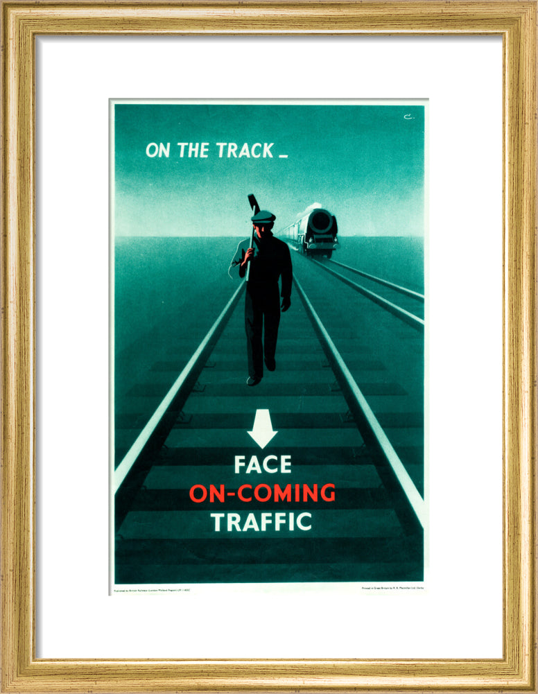 Safety poster - Face on-coming traffic, 1960. art print small gold Art Print - Science Museum Shop