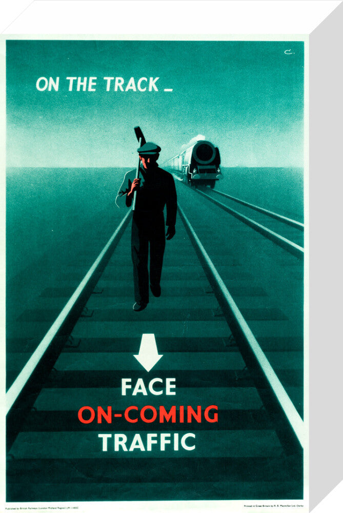 Safety poster - Face on-coming traffic, 1960. stretched canvas small none Art Print - Science Museum Shop