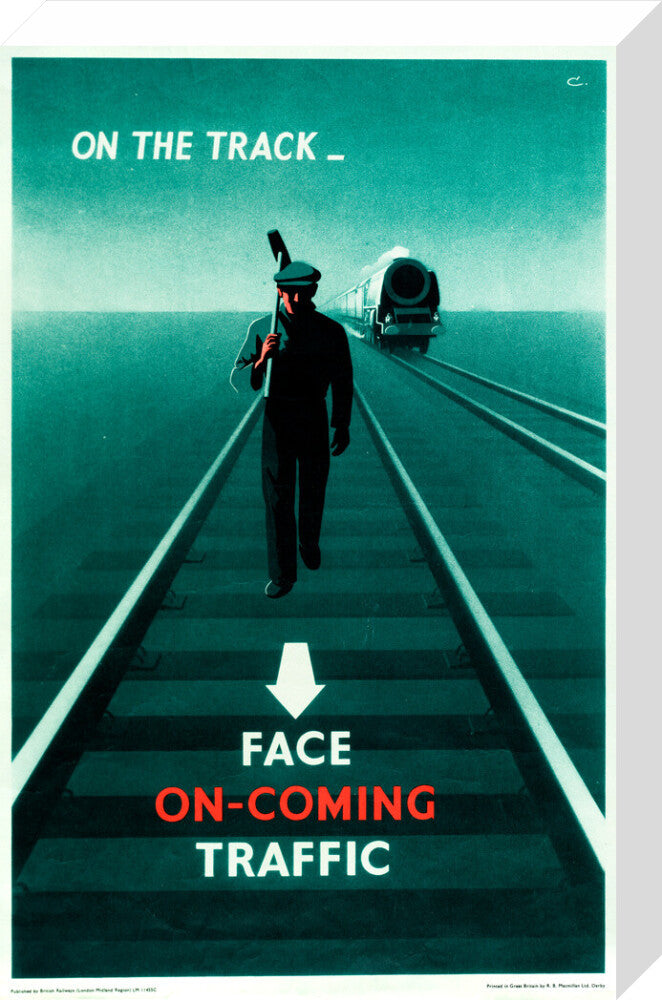 Safety poster - Face on-coming traffic, 1960. stretched canvas medium none Art Print - Science Museum Shop