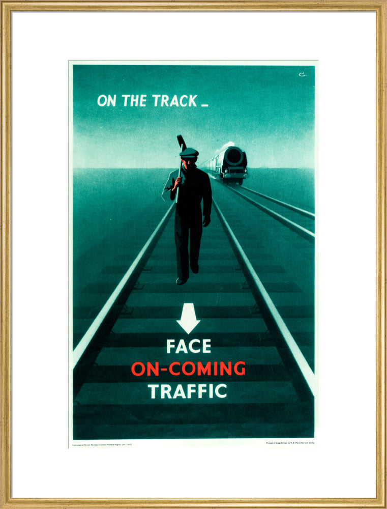 Safety poster - Face on-coming traffic, 1960. art print extra large gold Art Print - Science Museum Shop