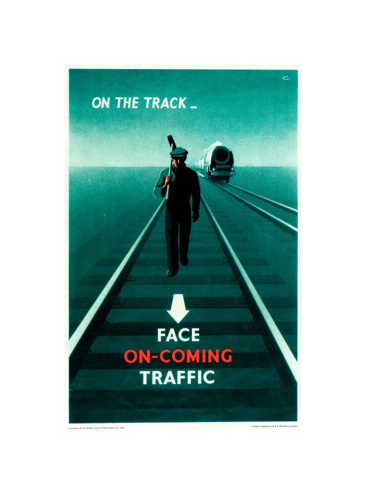 Safety poster - Face on-coming traffic, 1960. unstretched canvas small none Art Print - Science Museum Shop