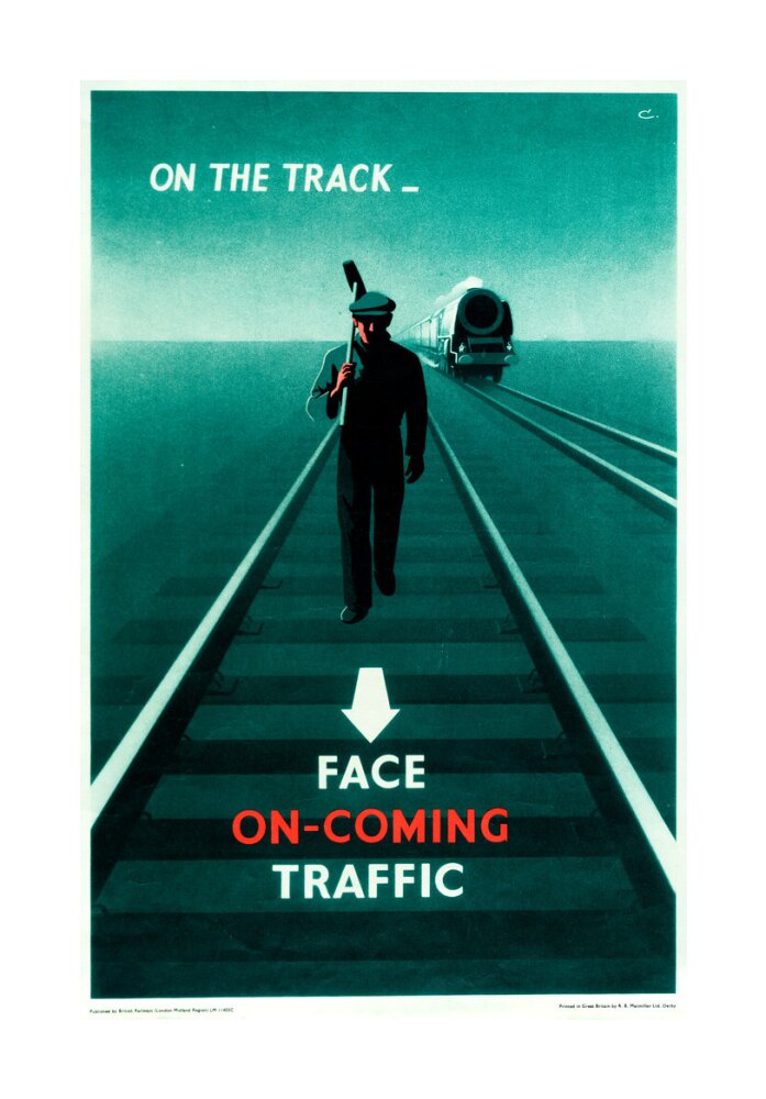 Safety poster - Face on-coming traffic, 1960. unstretched canvas large none Art Print - Science Museum Shop