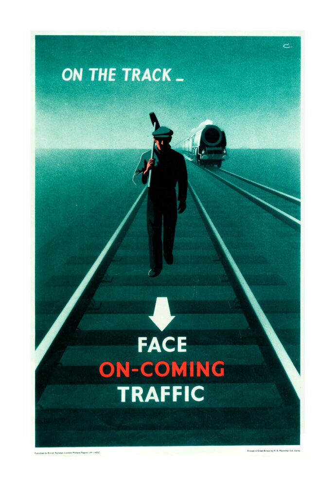 Safety poster - Face on-coming traffic, 1960. unstretched canvas extra large none Art Print - Science Museum Shop