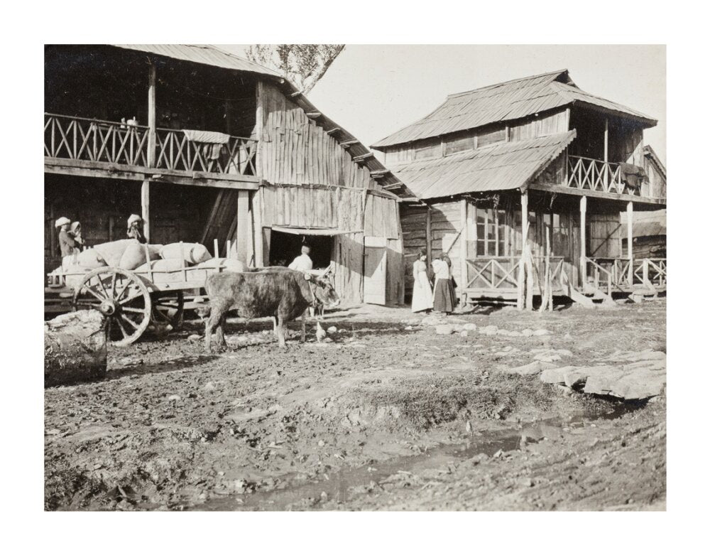 Black and white photograph entitled 'Typical Caucasian Houses' unstretched canvas extra large none Art Print - Science Museum Shop