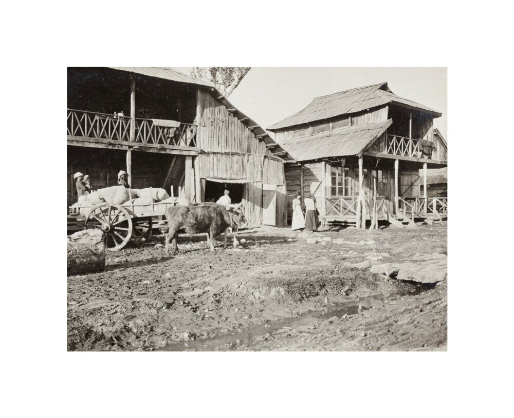 Black and white photograph entitled 'Typical Caucasian Houses' unstretched canvas small none Art Print - Science Museum Shop