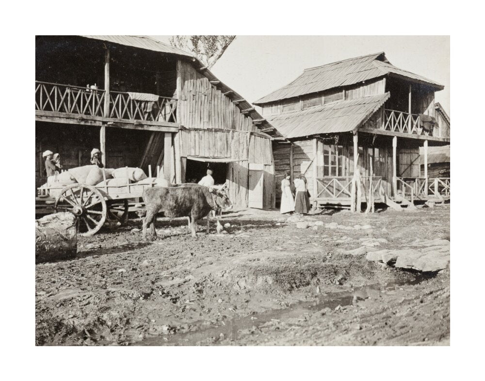 Black and white photograph entitled 'Typical Caucasian Houses' unstretched canvas large none Art Print - Science Museum Shop