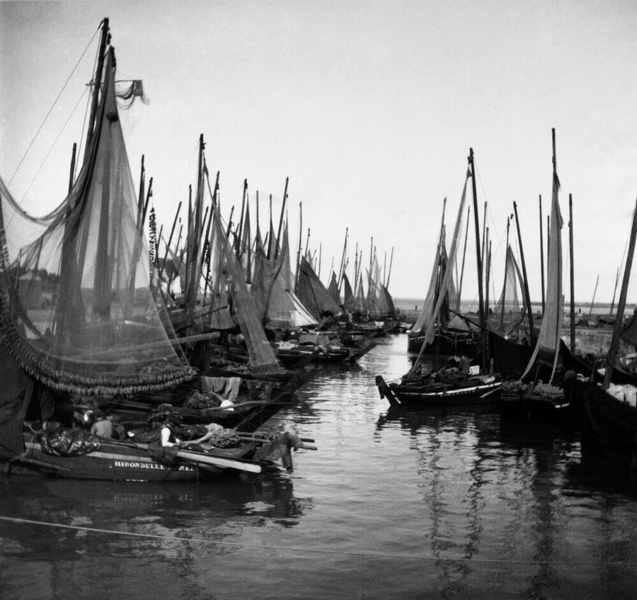 Small fishing boats moored in a harbour, c. 1910. Art Print - Science Museum Shop