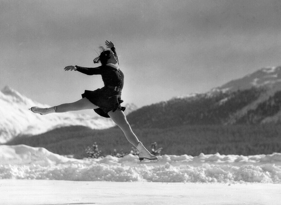 Woman ice-skater caught in mid-air, c 1920s. Art Print - Science Museum Shop