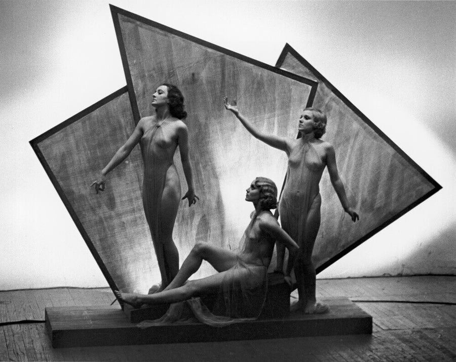Three near naked women posing on an art deco plinth, c 1920s. Art Print - Science Museum Shop